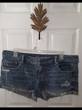 American Eagle Outfitters Women's Distressed Denim Low Rise Shorts - Dark Blue